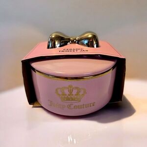 NEW Juicy Couture Pink and Gold Bow Ceramic Trinket Jar with Lid, 5 Inches NWT